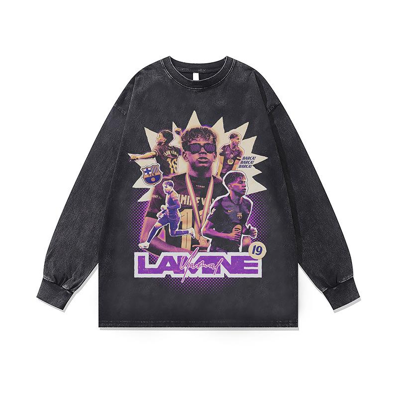Хип-хоп Рэп Портрет Принт Винтажная Стирка Длинный Рукав Футболка Осень и Зима Свободная Хлопок Круглый Вырез Базовая Футболка Для Мужчин