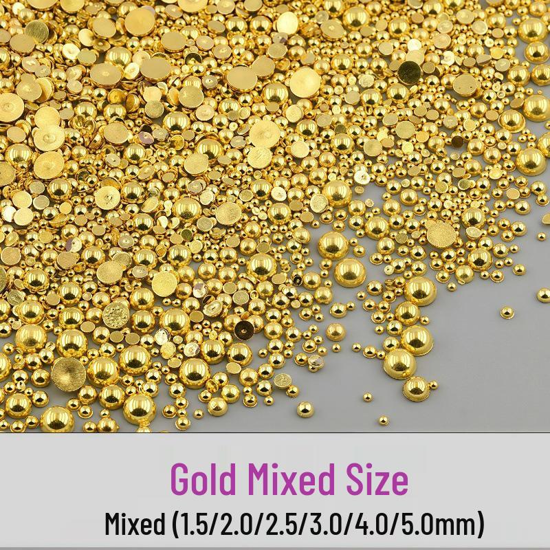 Смешанные мини-жемчужины для нейл-арта: Золотые и серебряные полулицевые декоративные жемчужины с плоским дном для самостоятельного маникюра