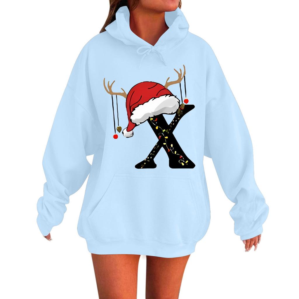 Ladies Fashion Casual Long Sleeve Printed Round Neck Hoodie Pullover Top With Pockets