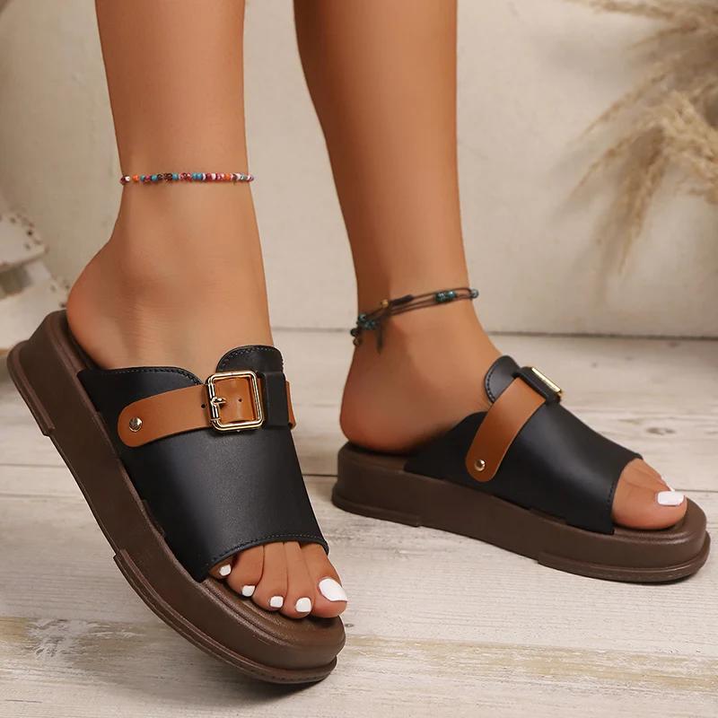 Модные шлепанцы на платформе из искусственной кожи, женские летние модные сандалии с пряжкой на толстой подошве, женские 2025, с квадратным носком, на среднем каблуке, Sandalias Mujer