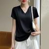 Summer V-neck Short-sleeved Women's Thin Short-sleeved T-shirt Western Style Loose Inner Solid Color Satin Blouse T-shirt