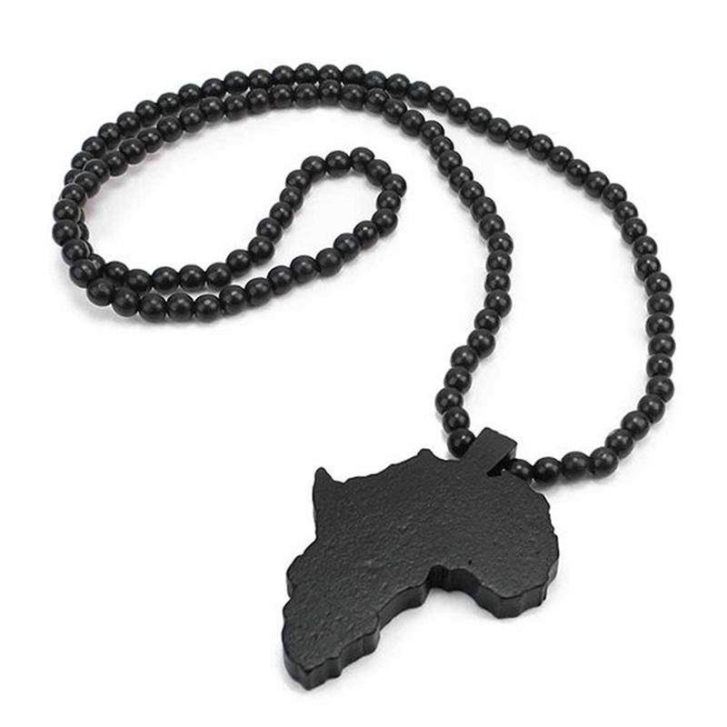 Ожерелье с подвеской в форме карты Африки из деревянных бусин - черное