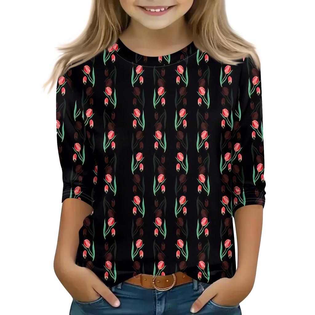 Print Tops For Youth Girls 5-16 Years Round Neck 3/4 Sleeves T-Shirts Trendy Tops Outfit Tees
