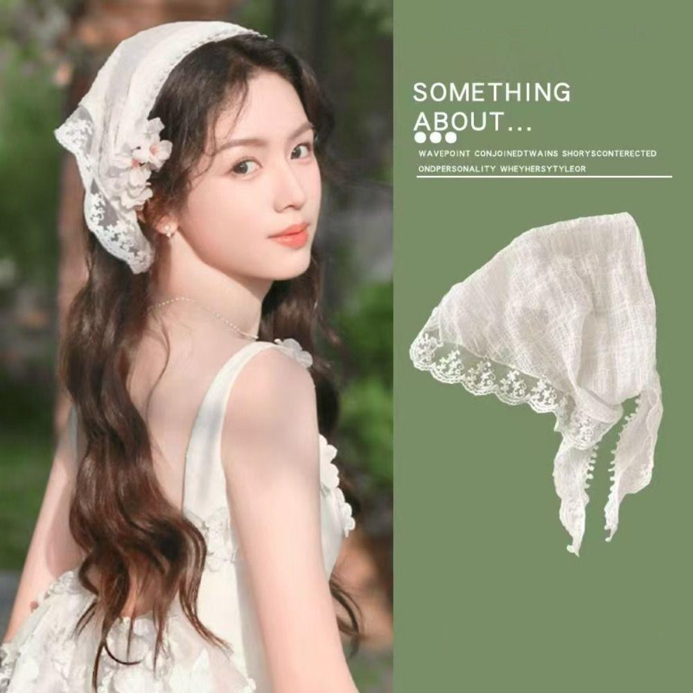 Solid Color Lace Headscarf Triangular Shape Pastoral Style Scarf Summer Season