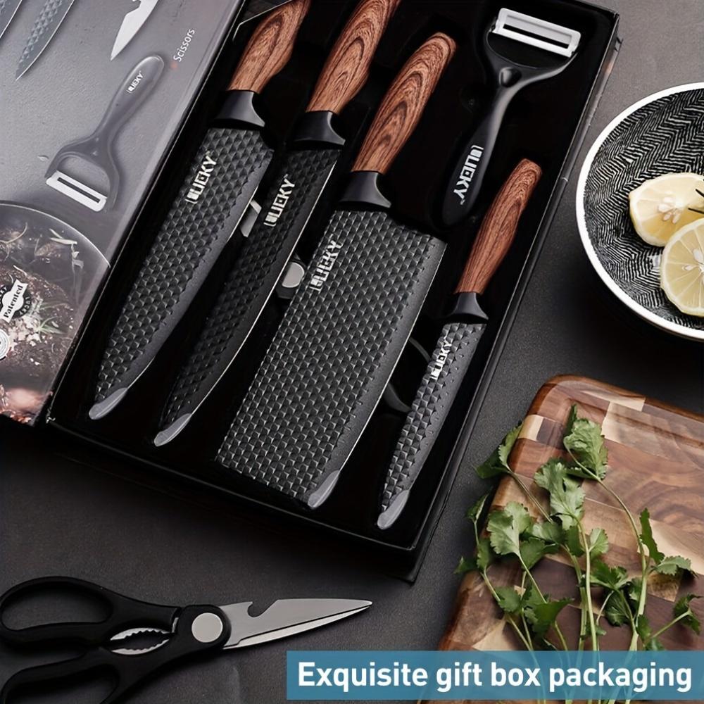 Professional 6 Kitchen Knife Set, High Carbon Stainless Steel Super Sharp, With Anti-stick Ergonomic Wooden Handle,Gift Box Set