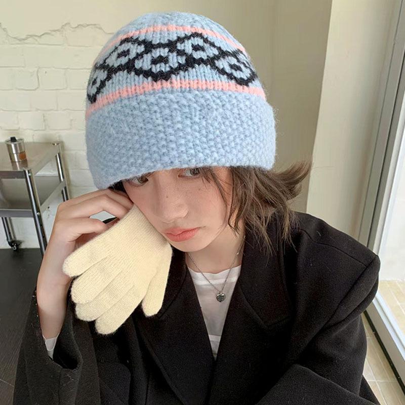 Vintage Fair Isle Jacquard Knit Bucket Hat Women Warm Autumn Winter