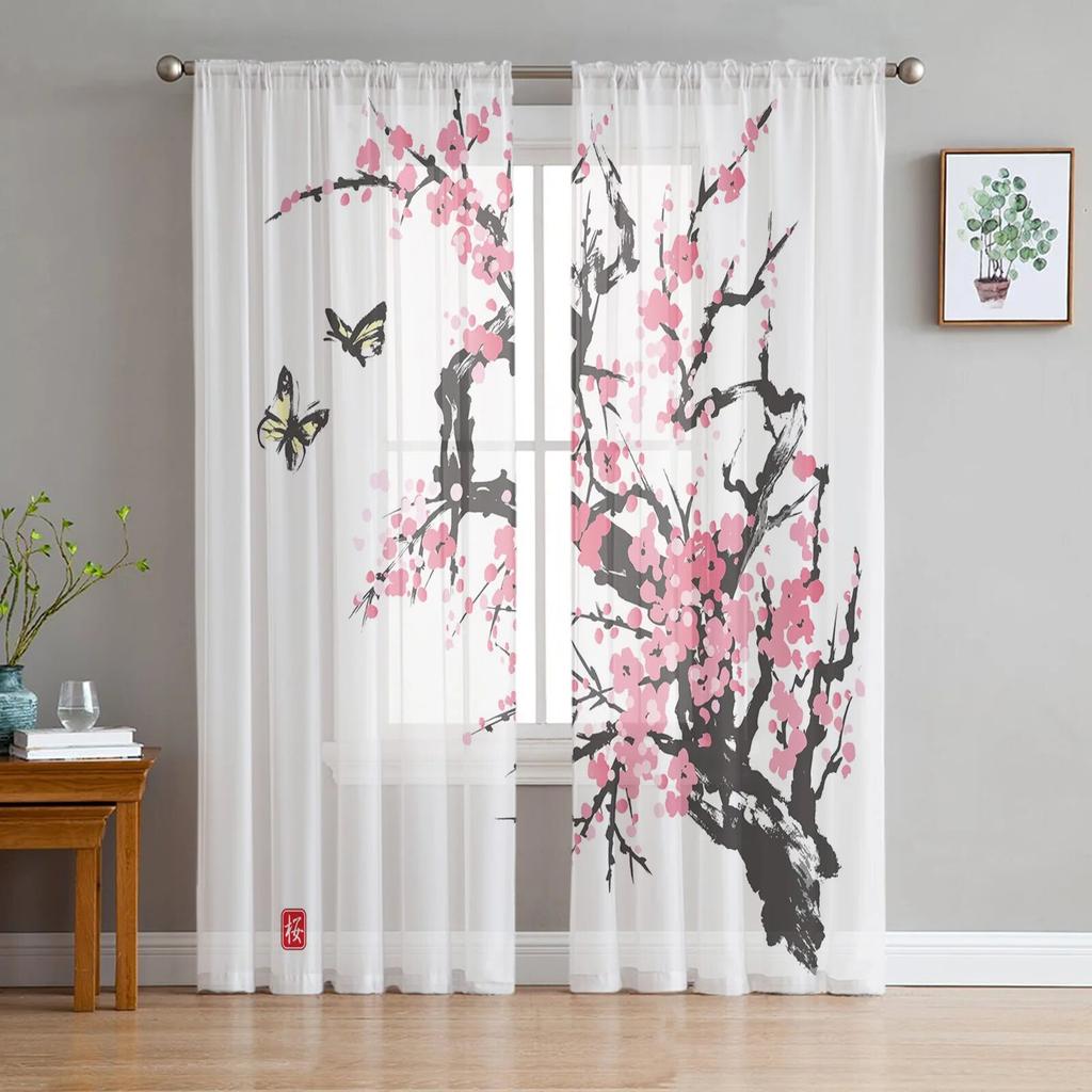 Розовые прозрачные шторы с цветком вишни, оконные шторы для гостиной, спальни, жалюзи, детская комната, домашний декор