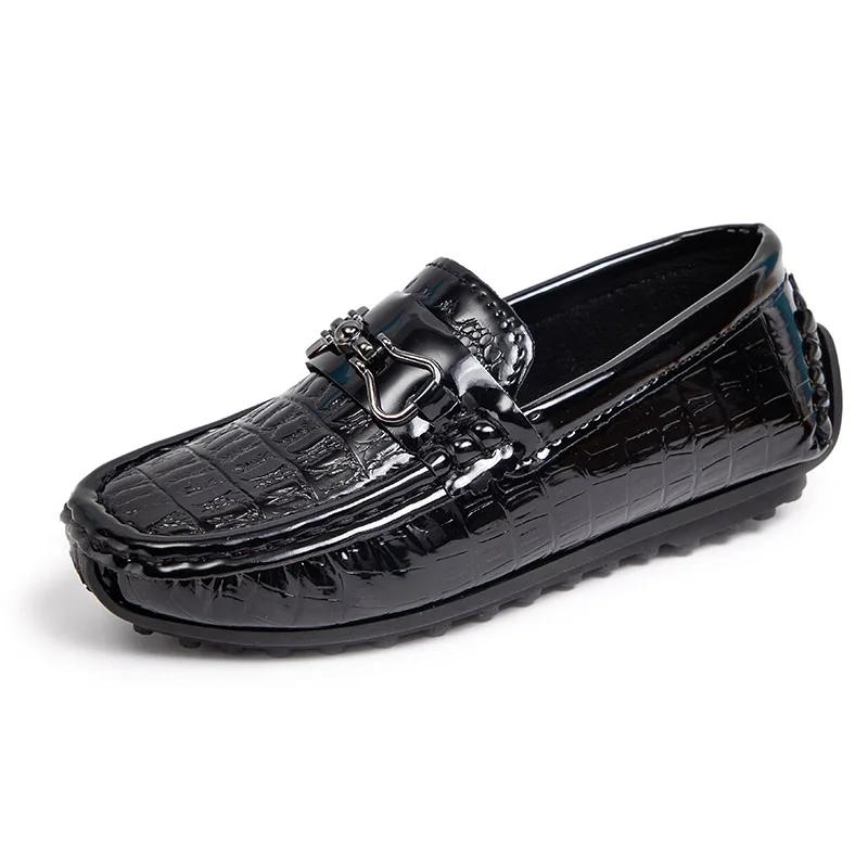 Boys Leather Shoes Round-toe Flat Soft Kids Fashion Casual Loafers Glossy Metal Buckle Children Moccasins Non-slip Britain Style