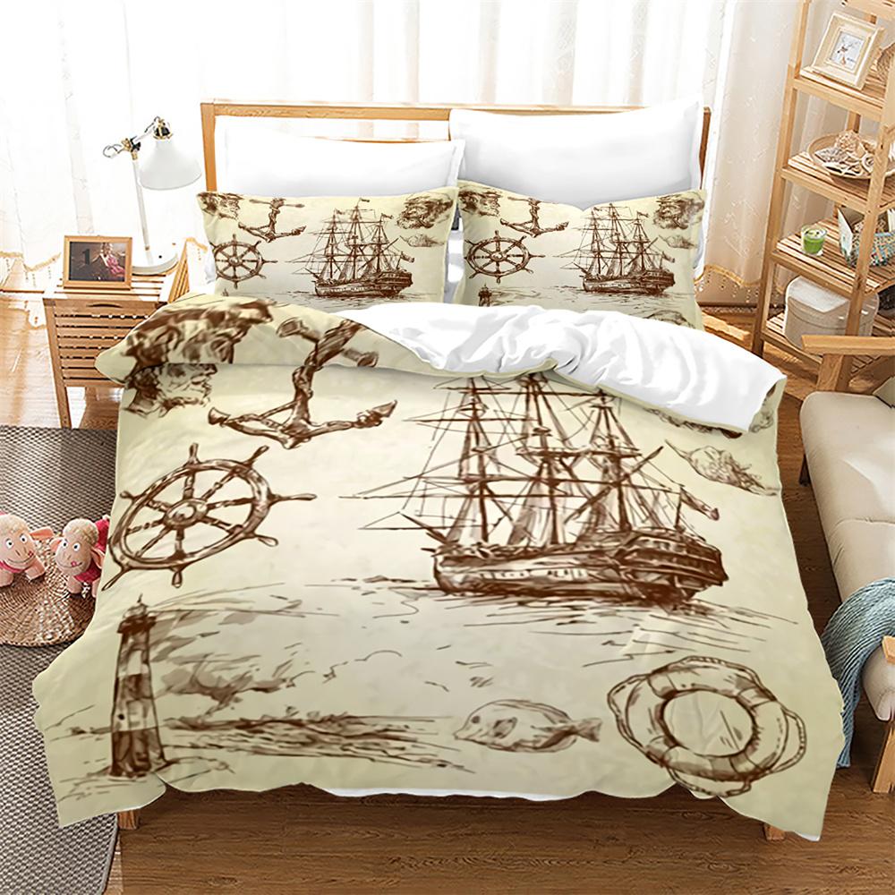 Pirate Ships Duvet Cover Set Vintage Nautical Style Comforter Cover Polyester Bedding Set Medieval Sailing Ship King Queen Size