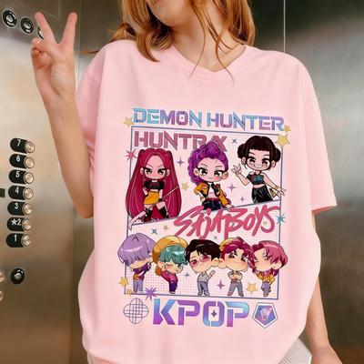 Лето 2026 Kpop Саджа Охотник на демонов Узор Женская футболка с коротким рукавом Уличная одежда Повседневная Аниме Мультфильм Печатный топ