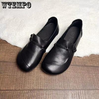 Кожаная обувь, женская весенне-осенняя однотонная удобная универсальная обувь в стиле ретро с круглой пряжкой и плоской пряжкой на мягкой подошве