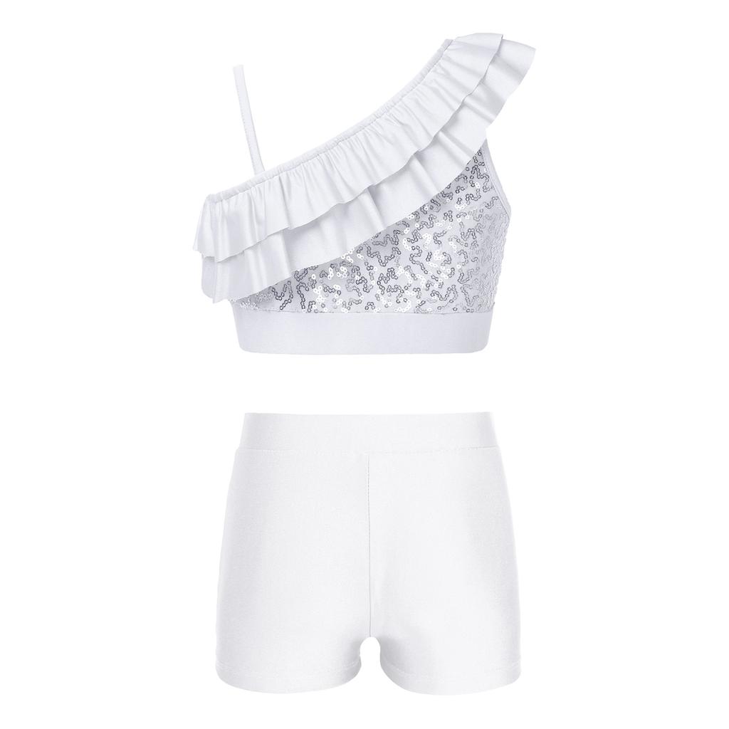 Девочки Комплект из блестящего укороченного топа и шорт Асимметричные бретели-воланы Дизайн V-образный вырез Пояс на талии Шорты Соревнование по танцам