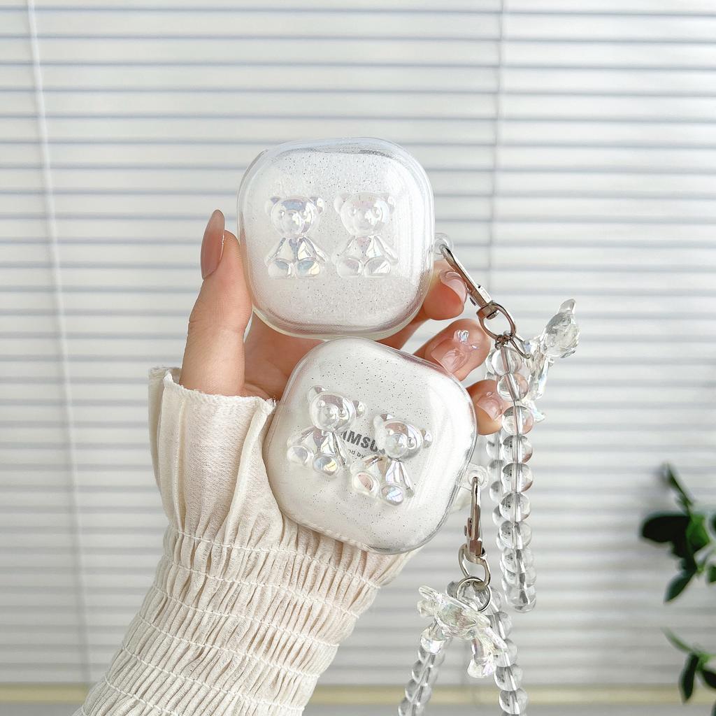 Прозрачный чехол для наушников с 3D медведем и милым мультяшным принтом для Samsung Galaxy Buds 2 Pro Live, чехол для Galaxy Buds2 Pro, полная защита с жемчужным ремешком