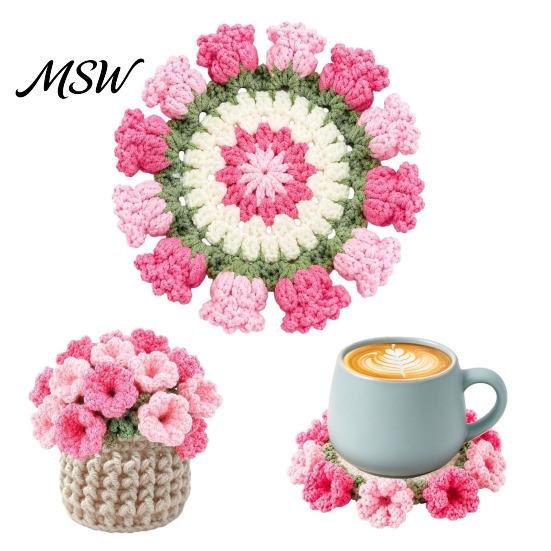 Handmade Cotton Drink Mats Crochet Flower Bouquet Coaster, Knit Rose Mug Mat Transforms Into Bouquet, 2-in-1 Soft Yarn Rugs Coaster Table Mat,