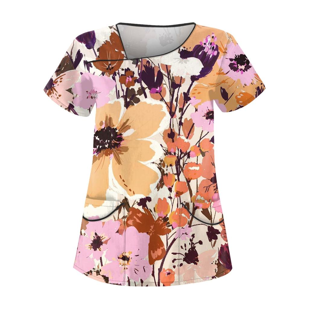 Женская повседневная рабочая одежда с короткими рукавами и принтом, топ с двойным карманом