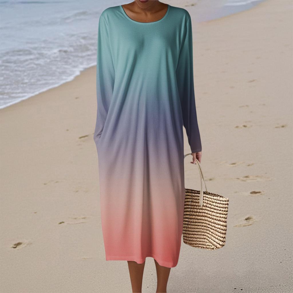 Женское модное повседневное платье с длинным рукавом, градиентное, с круглым вырезом, карманом, элегантного темперамента