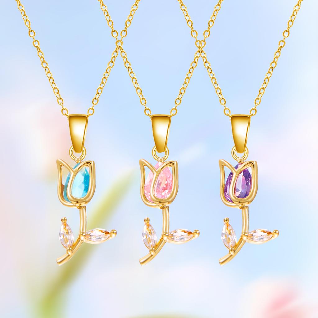 Light Luxury Zircon Tulip Flower Clavicle Chain Necklace for Women Elegant Brass Pendant Bracelet Fashion Party Jewelry Gift