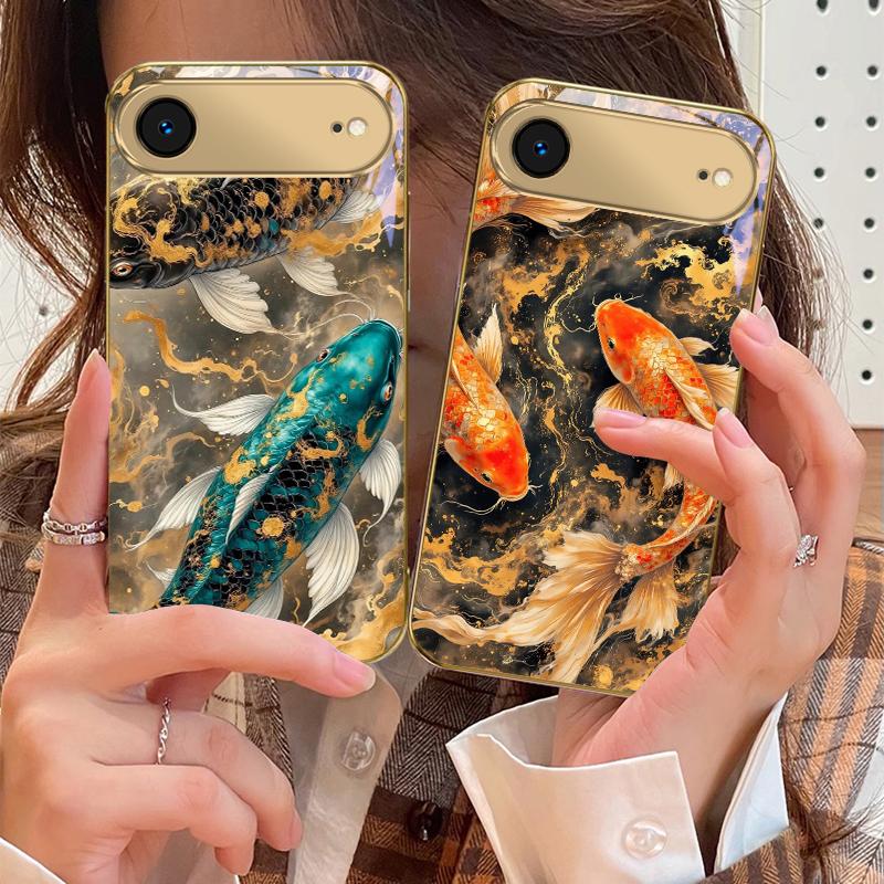 Счастливый Оранжевый Золотой Карп Для IPhone 17Pro Max 16 17 Pro oMax 15 Pro 14 13 Plus 12Mini 11ProMax XR 16E Air Золотой стеклянный чехол для телефона