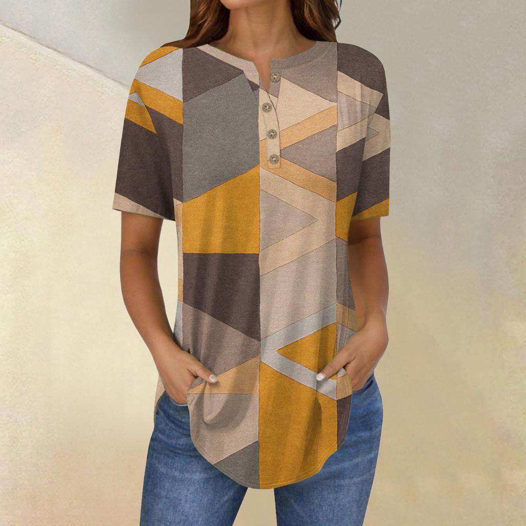 Short Sleeve Womens Tops Summer T-Shirts Floral Print V Neck Casual Basic Tee Button Shirts Tunic Tops