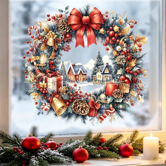 Рождественские украшения для дома и улицы, акварельная рождественская гирлянда, статичная наклейка на окно, многоразовая рождественская наклейка с красным бантом, сезонный декор для дома, зима