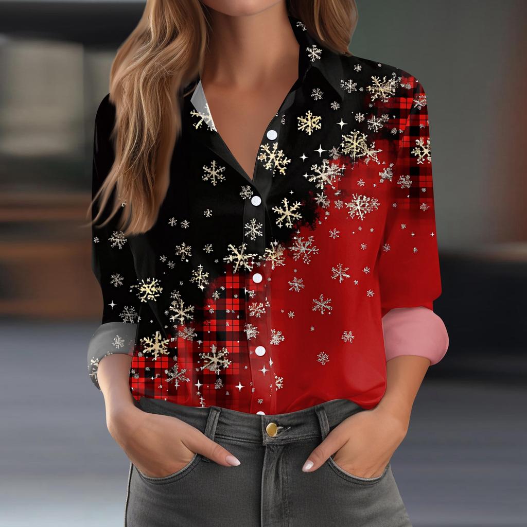 Women's Shirt Blouse Christmas Print Button Long Sleeve Casual Basic Shirt Collar Regular Top