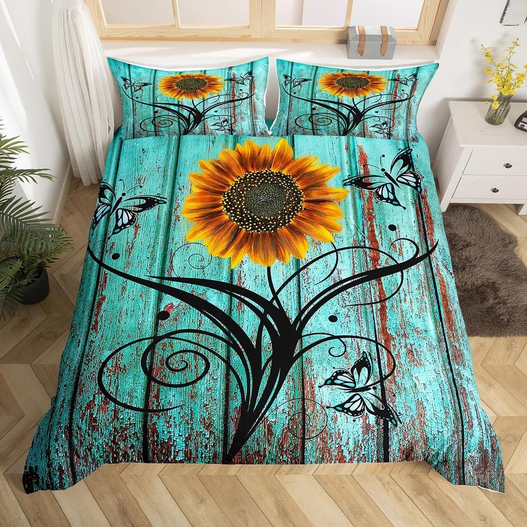 Rustic Farmhouse Bedding Sets Queen Country Butterfly Sunflower Duvet Cover Retro Barn Door Comforter Cover Cabin Lodge Bed Set
