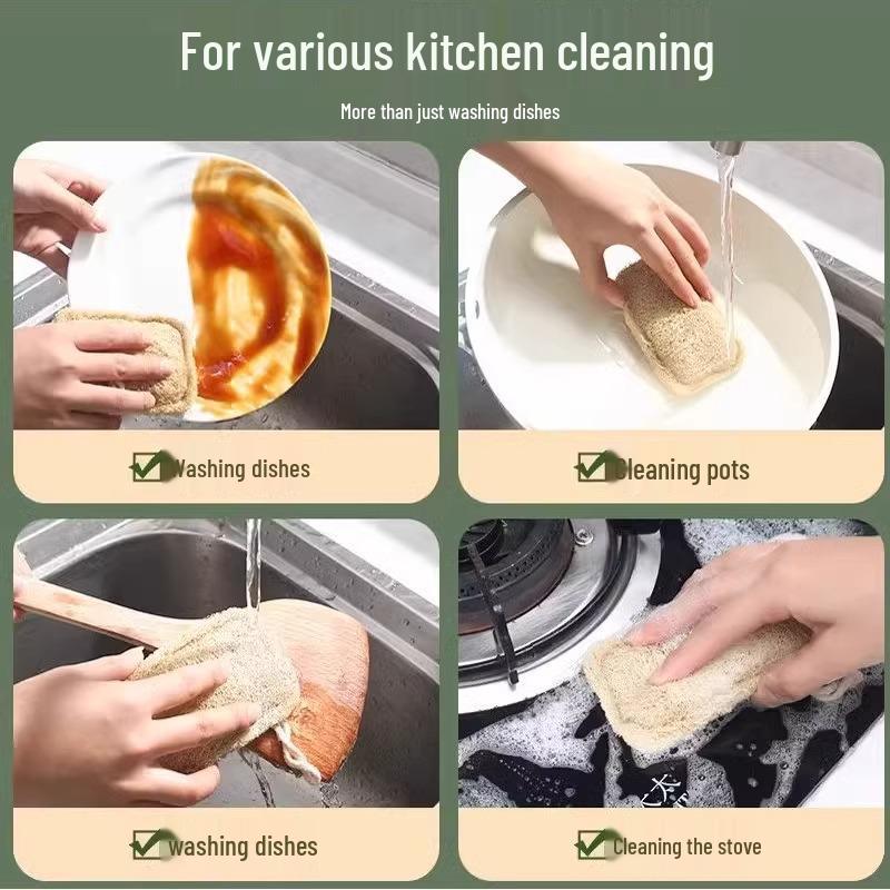 Natural Loofah Dishwashing Brush and Pot Scrubber - Durable Kitchen Decontamination Sponge Cleaner.