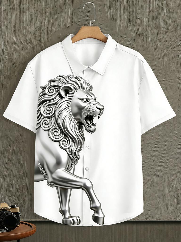 Men's Short Sleeve Lapel White Shirt Stainless Steel Animal HD 3D Printed Shirt Hawaii Vacation Outdoor Social Men's Wear for Yo