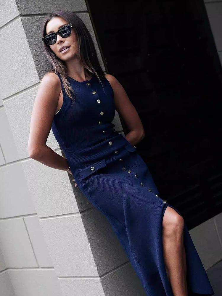 Knitted Sleeveless Long Dresses Women O Neck Single Breasted Fake Pockets Decoration Split Party Dress Autumn Beach Robe