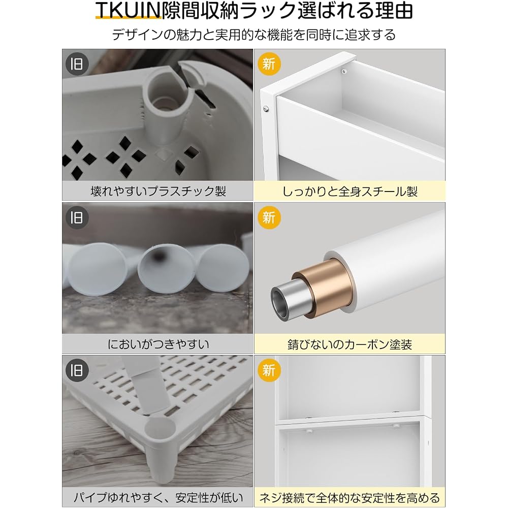 TKUIN Slim Storage Trolley 13cm Wide 4-Tier Rolling Cart White