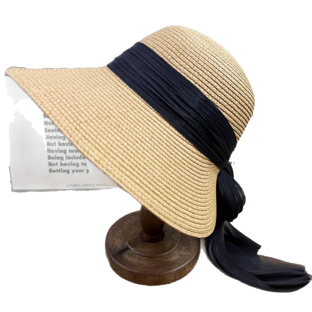 Hepburn style retro straw woven big brim sun hat women's chiffon streamer sunscreen hat travel photo show face small sun hat