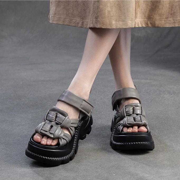 Johnature Дышащие сандалии с открытым носком из натуральной кожи ручной работы, ретро, для通勤, женская обувь на платформе