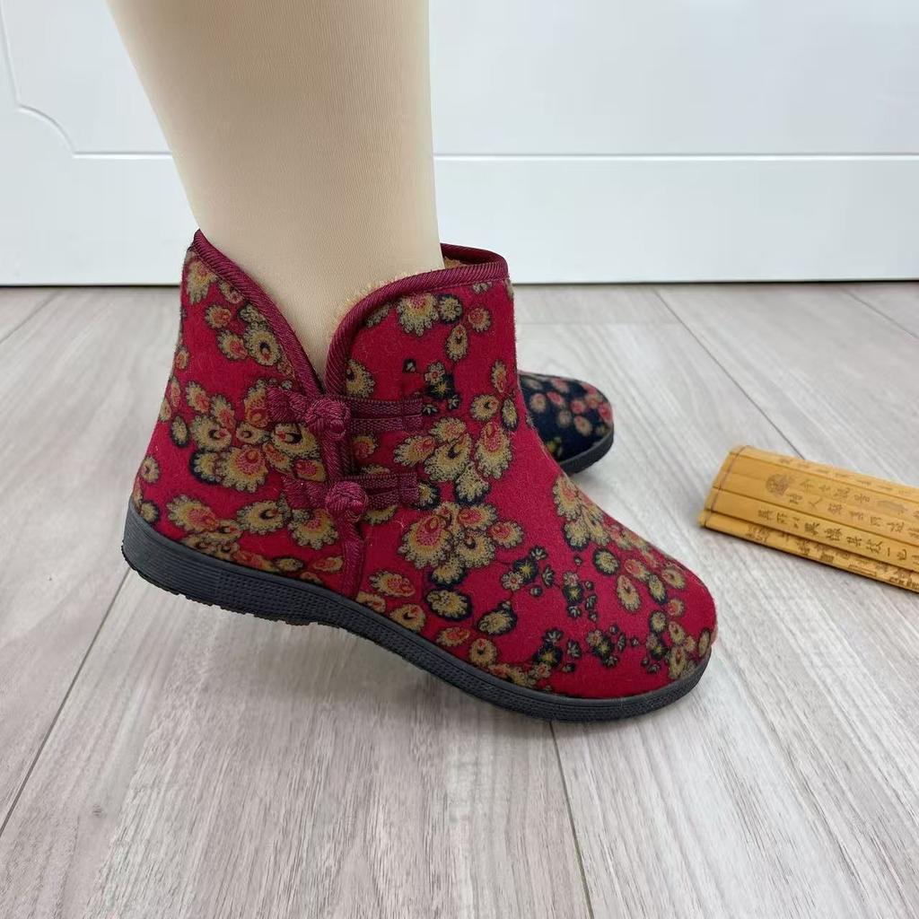 Cotton Boots Winter Soft-soled Cotton Shoes Women's Comfortable Velvet Warm Ethnic Style Mother Cotton Shoes the Elderly Grandma Cotton Boots