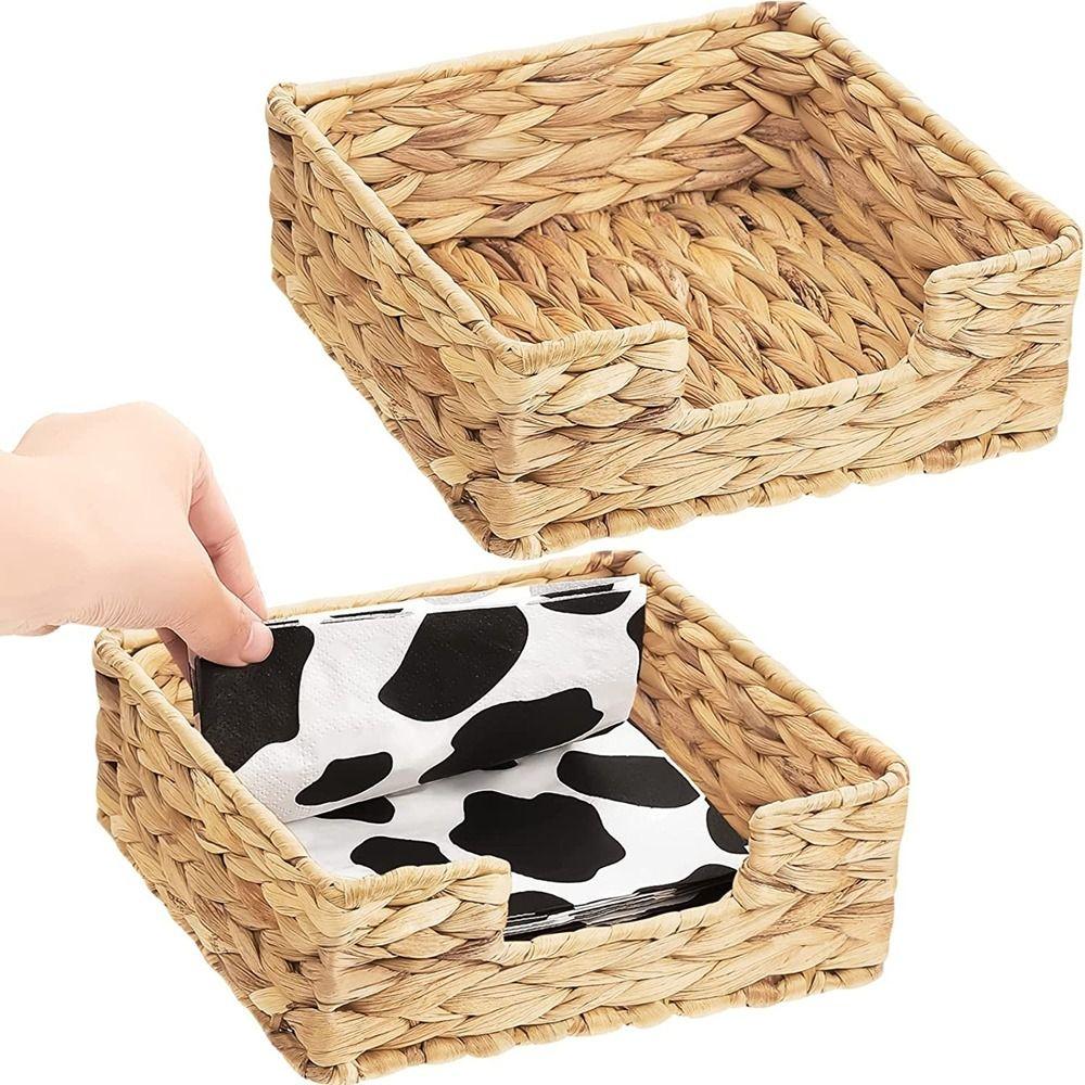 Straw Woven Water Hyacinth Napkin Holder Square Hand Towels Storage Tray Kitchen