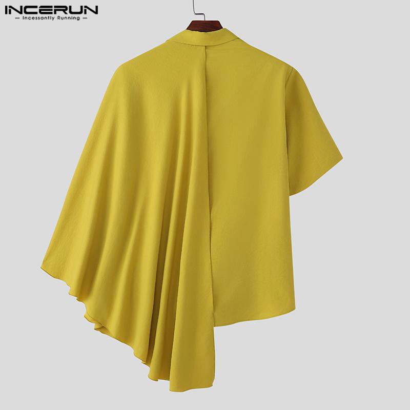 INCERUN Мужские рубашки с воротником-лацканом, коротким рукавом, пуговицами, оборками и слоями в стиле пэчворк, повседневные рубашки-накидки