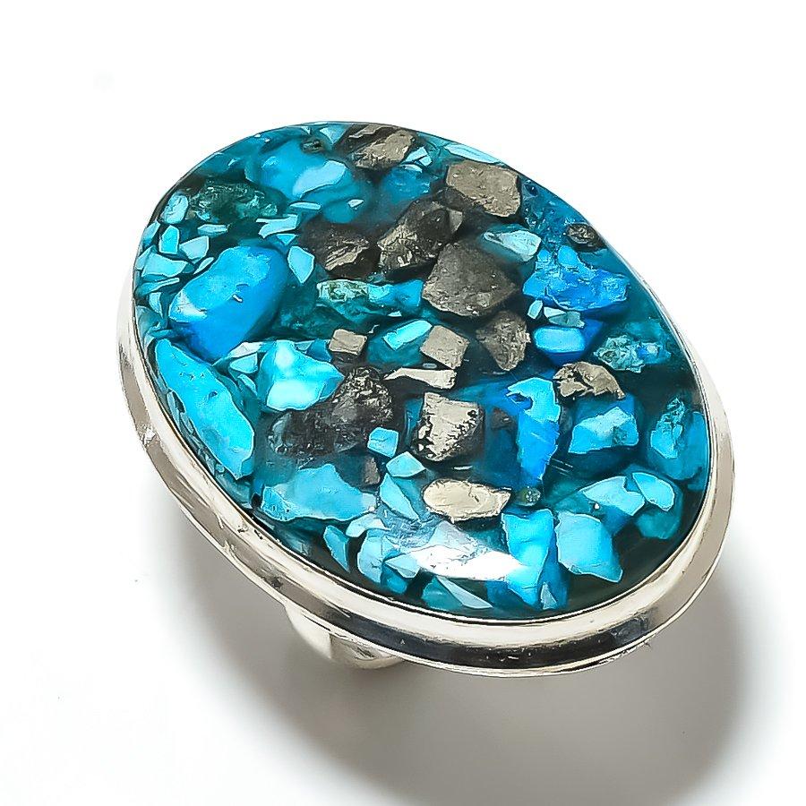 Кольцо из серебра 925 пробы с натуральным медно-голубым бирюзовым драгоценным камнем, размер 10 I8T59