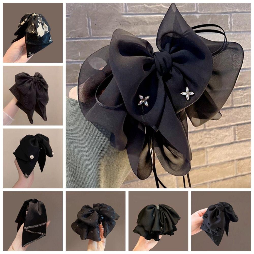 Elegant Black Bow Shark Clip French Style Women Sequin Hairgrips Shiny Rhinestone Hair Claw  Female