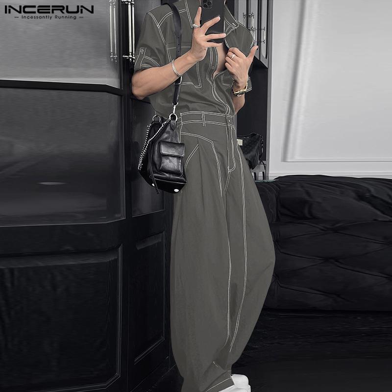 INCERUN Two Pieces Men Lapel Neck Short Sleeve Shirt Long Straight Pants Sets Outfits