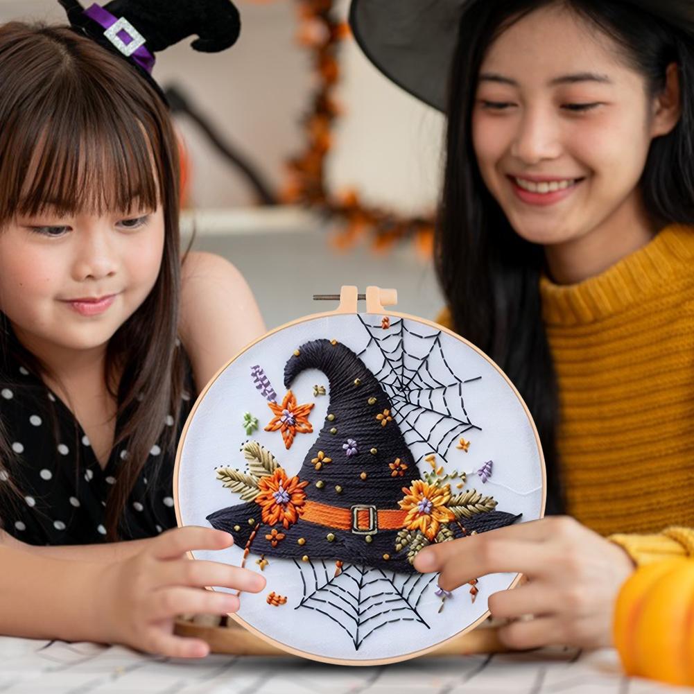 Halloween Gothic Embroidery Starter Kit Material Package Bat Skull Hat Bowl Cross Stitch Kit Beginners Embroidery Lovers Gift