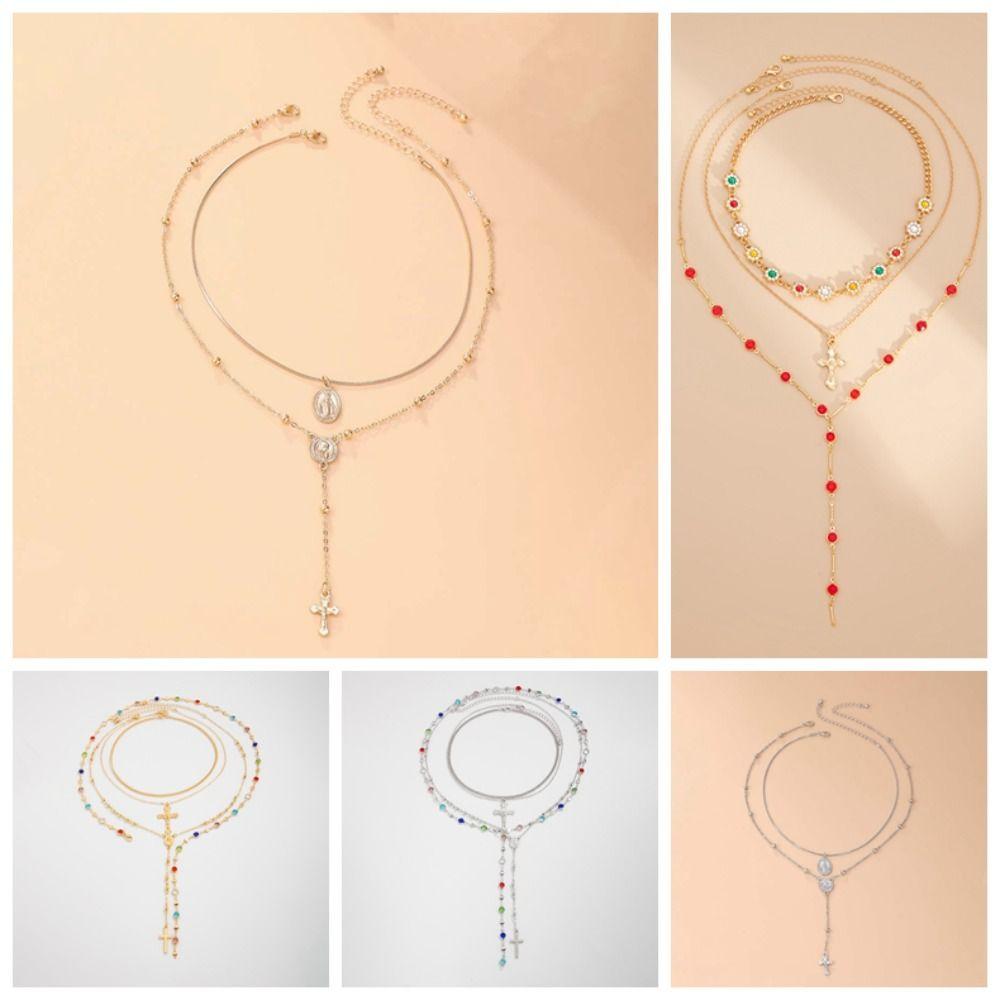 Rhinestone Metal Stacked Necklace Y2K Zinc Zinc Alloy Neck Pendant Beads Stacked Collarbone Chain Women