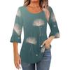 Women's Fashion Casual Pleated Round Neck Floral Print Three-Quarter Sleeve T-Shirt Top