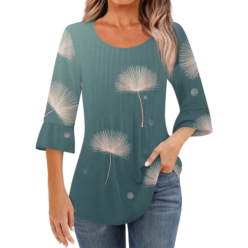 Women's Fashion Casual Pleated Round Neck Floral Print Three-Quarter Sleeve T-Shirt Top