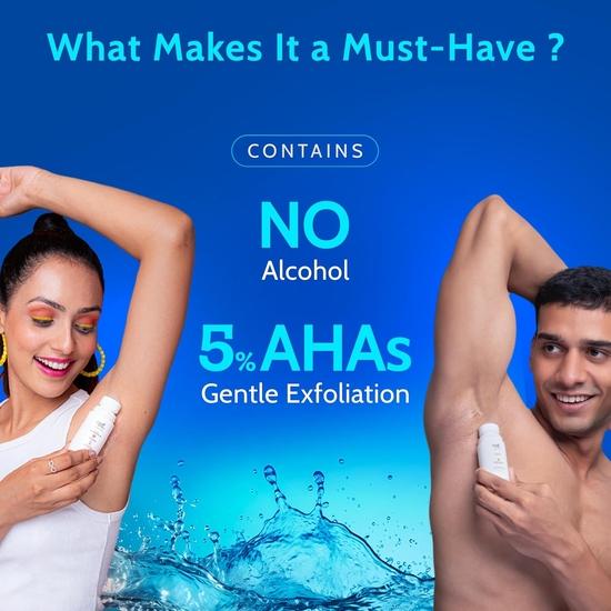 Chemist at Play Роликовый дезодорант для подмышек с 5% AHA, молочной кислотой и 1% миндальной кислотой | Предотвращает запах тела, осветляет кожу и отшелушивает подмышки - 40 мл