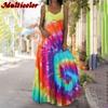 Women Fashion Sleeveless Swing Long Sling Dress Boho Tie Dye 3D Printed Maxi Dresses Casual Spaghetti Straps Summer Dresses Plus Size