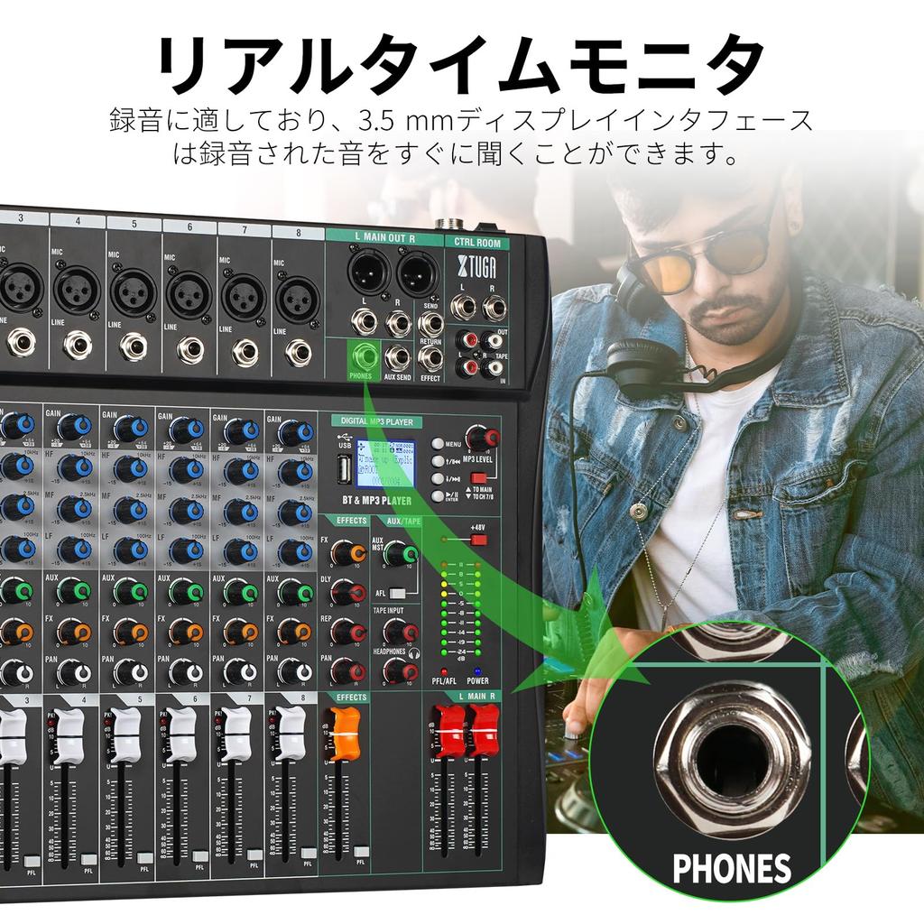 XTUGA CT60 6 Channel Audio Mixer Portable Mini Sound Mixing USB Echo Reverb 48V Phantom Power Bluetooth PC RCA for EQ Digital Effects Studio Mixer