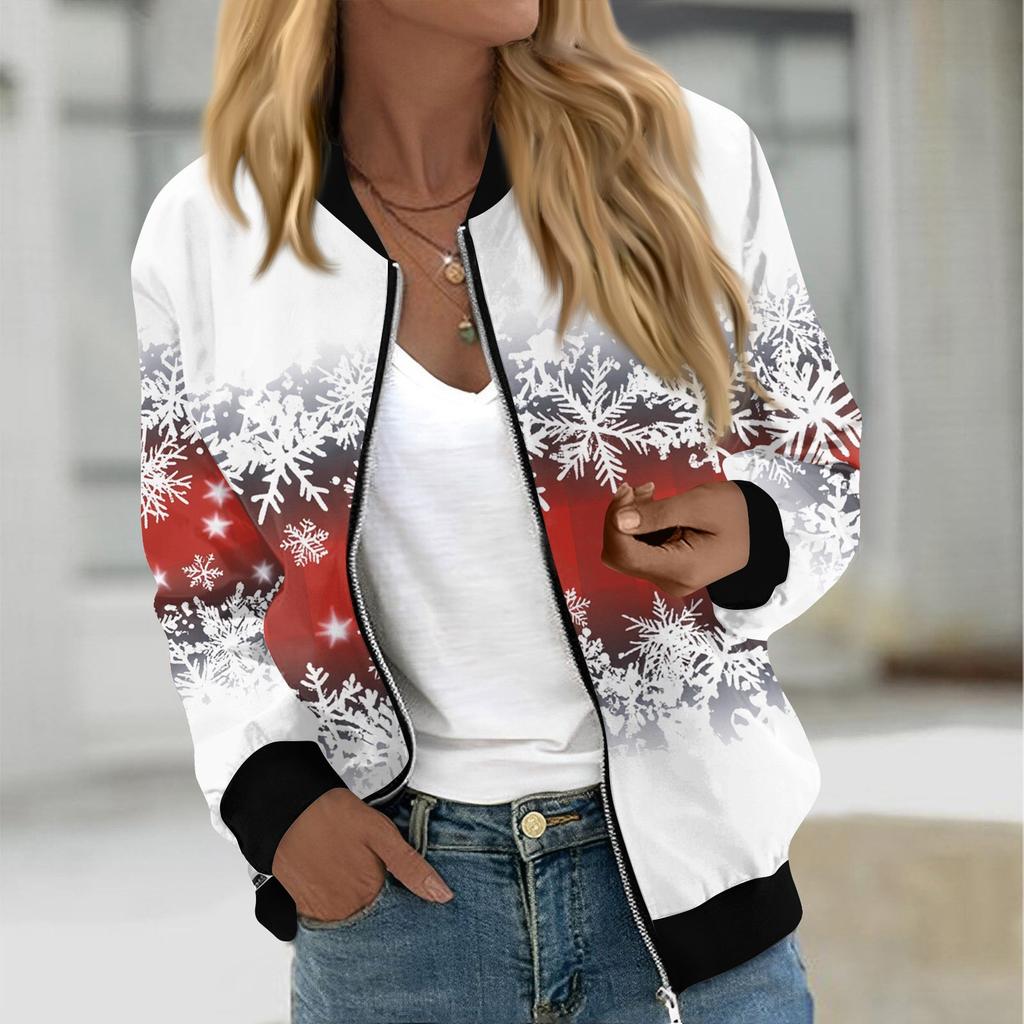 Куртки женские с длинным рукавом, легкие, на молнии, укороченные, модные, с рождественским принтом, верхняя одежда, повседневные, стеганые куртки с карманами