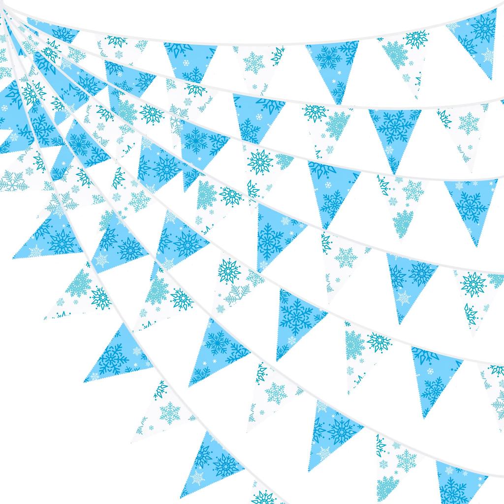 PinkBlume Winter Blue and White Snowflake Triangle Flag Fabric Garland Banner Party Decoration, Approximately 10m Long, Light Blue and White