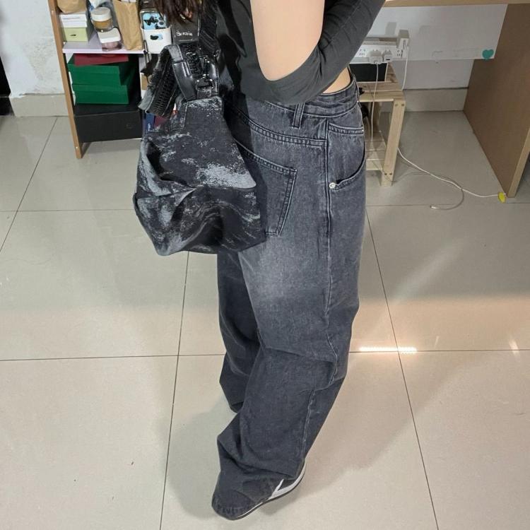 Vintage Black Jeans Women Baggy Y2K High Waiste Jeans Wide Leg Denim Trousers Korean Streetwear Retro Grunge Oversized