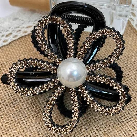 Zircon Flower Pearls Shark Clip Korean Style Shiny Hair Claw Rhinestone Shark Clip Daily