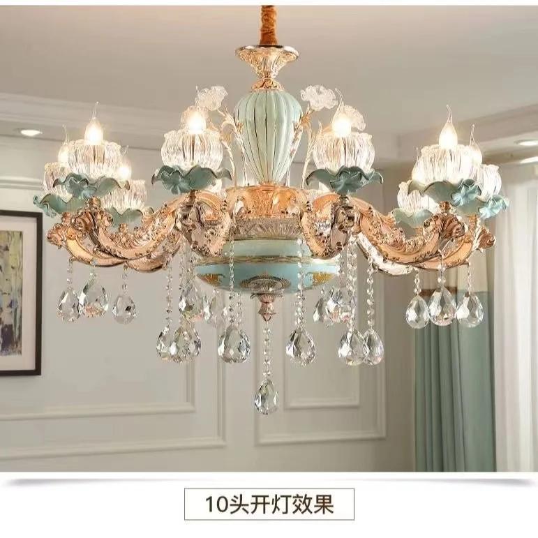Стеклянные кристаллы для люстр Зеленые керамические люстры Цинковый сплав Золото Освещение гостиной Хрустальные люстры для столовой